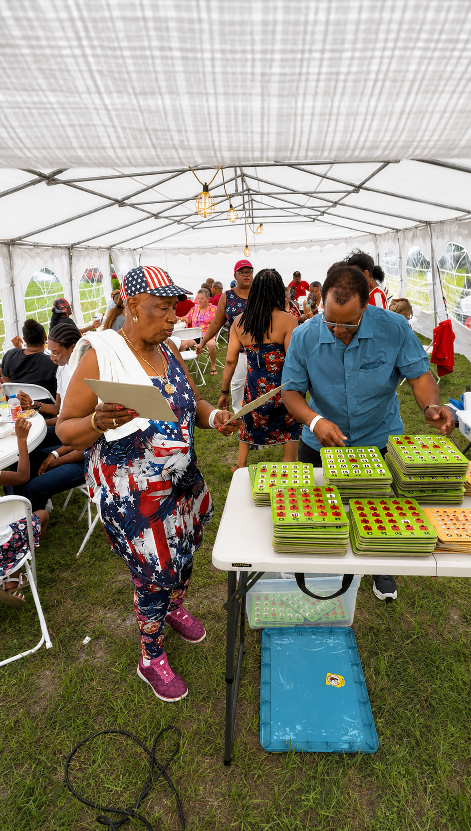 Members preparing bingo cards at a club event