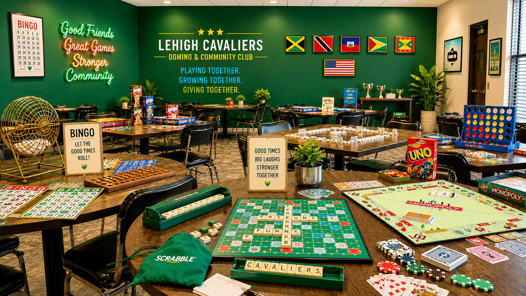 Lehigh Cavaliers club room with dominoes, board games, and Playing Together, Growing Together, Giving Together signage