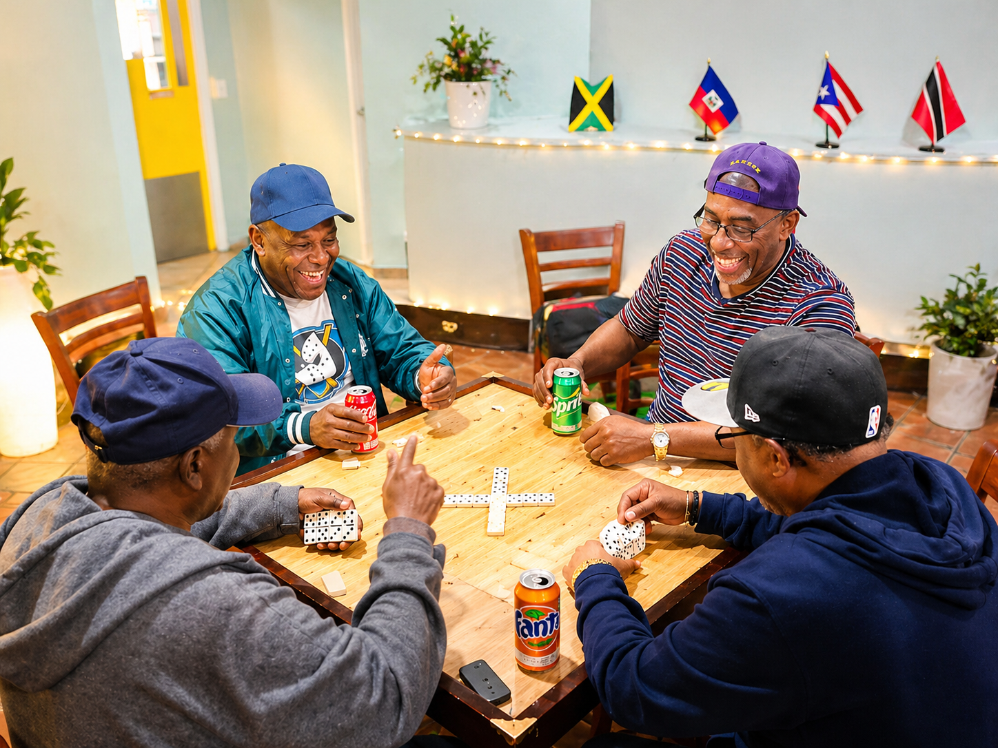 Four men laughing while playing dominoes around a wooden table